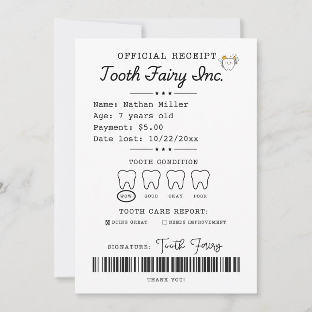 Tooth Fairy Receipt Printable Einladung (Vorderseite)