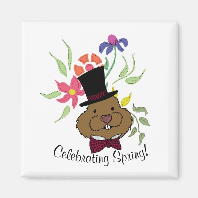 Top Hat Bow Krawatte Spring Flowers Groundhog Magnet (Vorne)