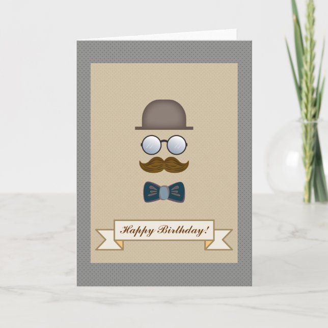 Top Hat, Mustache, Brille und Bow Krawatte Geburts Karte (Vorderseite)