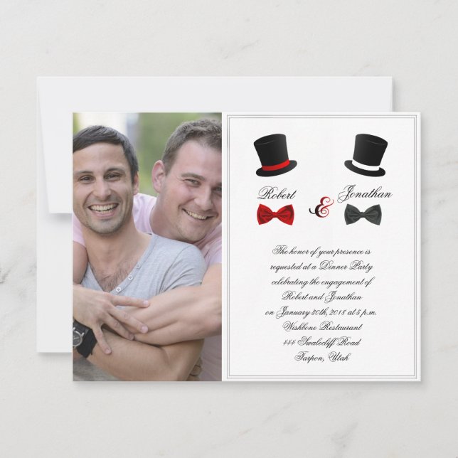 Top Hats und Bow Krawatte Gay Wedding Verlobung Einladung (Vorderseite)