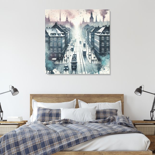 Top Street View mit Straßenbahnlinien in Aquarell Leinwanddruck (Insitu (Schlafzimmer))