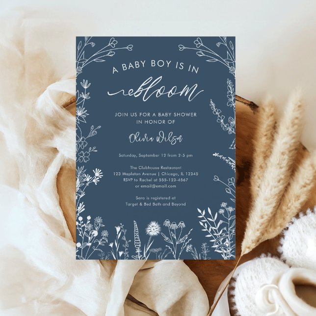 Topaz Blue Wildblume Baby Boy in Bloom Baby Shower Einladung (Topaz Blue Wildflower Line Art 'A Baby Boy is in Bloom' Baby Shower Invitation)