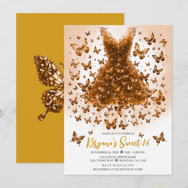 Topaz Crystal Butterfly Dress November Birthstone Einladung (Vorne/Hinten)