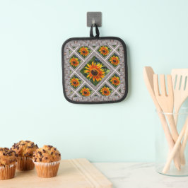 Töpfchenhalter mit fröhlichen Sonnenblumen Topflappen