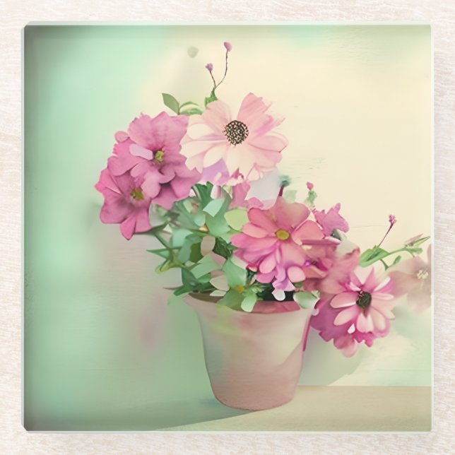 Töpfe aus rosa Blume Glasuntersetzer (Vorderseite)