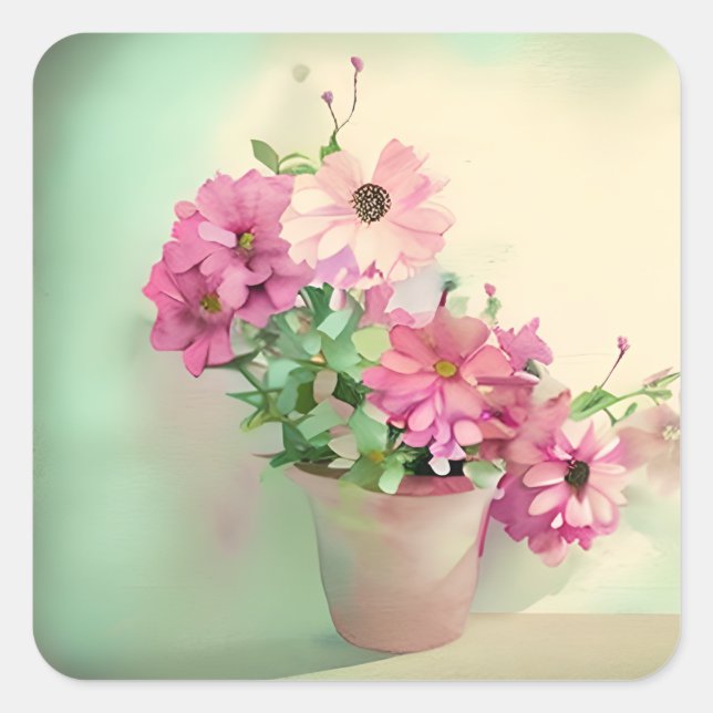 Töpfe aus rosa Blume Quadratischer Aufkleber (Vorderseite)
