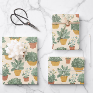 Topfpflanzen Blumen Botanischer Illustrationsstil Geschenkpapier Set