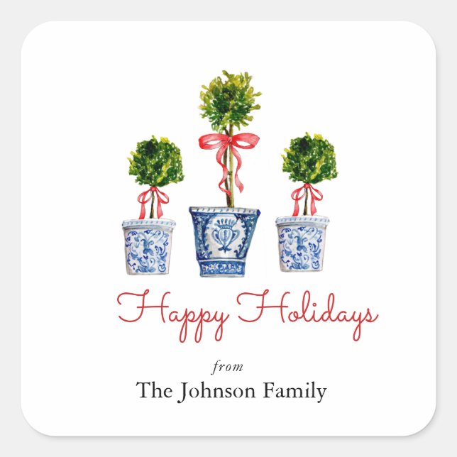 Topiary mit rotem Bug Holiday Square Quadratischer Aufkleber (Vorderseite)