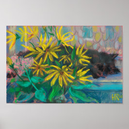 Topinambour Dreams Black Cat Gelbe Blumen Pastell Poster