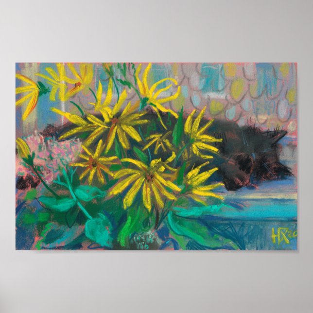 Topinambour Dreams Black Cat Gelbe Blumen Pastell Poster (Vorne)
