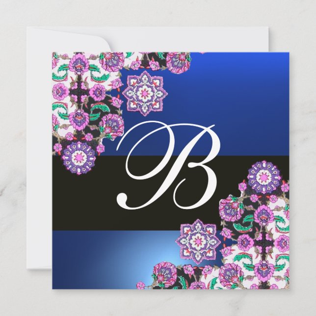 TOPKAPI BLUE BLACK DAMASK MONOGRAMM, rosa weiß Einladung (Vorderseite)