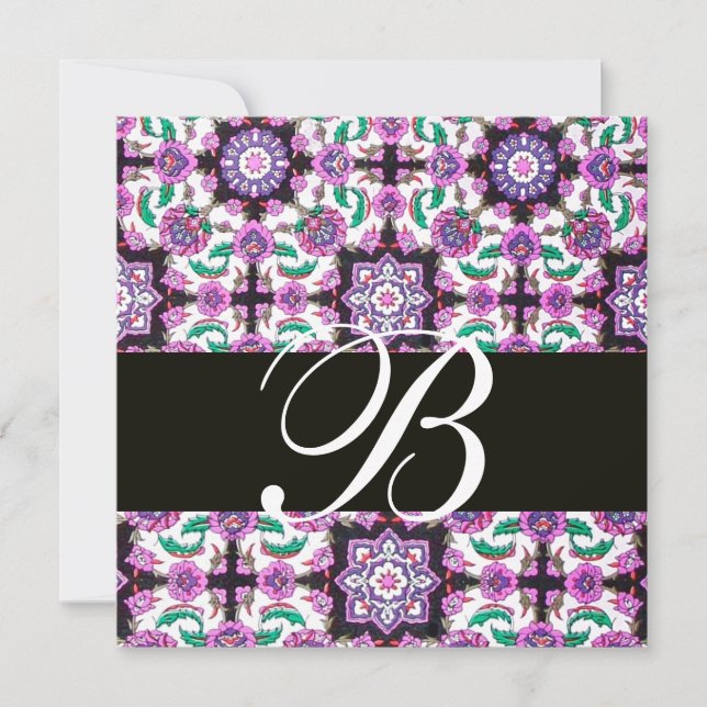 TOPKAPI DAMASK MONOGRAMM Schwarz-weiß rosa grün Einladung (Vorderseite)