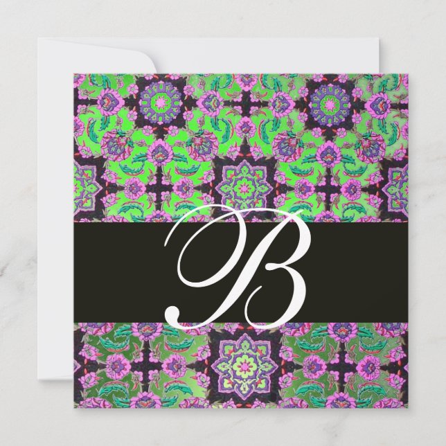 TOPKAPI GREEN BLACK DAMASK MONOGRAMM rosa blau Einladung (Vorderseite)