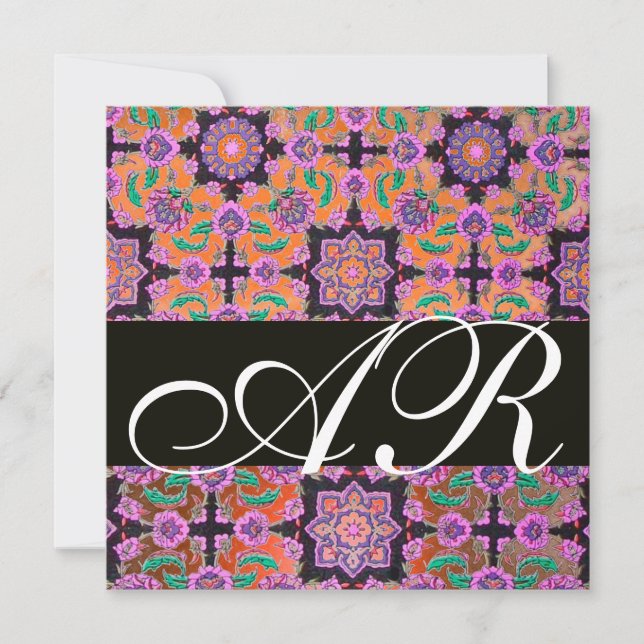 TOPKAPI ORANGE BLACK PINK DAMASK MONOGRAMM gelb Einladung (Vorderseite)