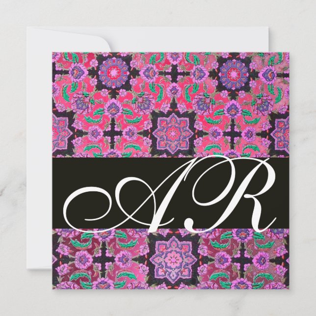TOPKAPI RED BLACK PINK DAMASK MONOGRAMM grün Einladung (Vorderseite)