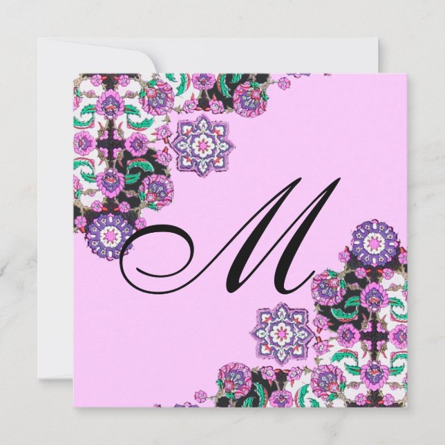 TOPKAPI SCHWARZ-WEISS DAMASK MONOGRAMM, rosa silbe Einladung (Vorderseite)