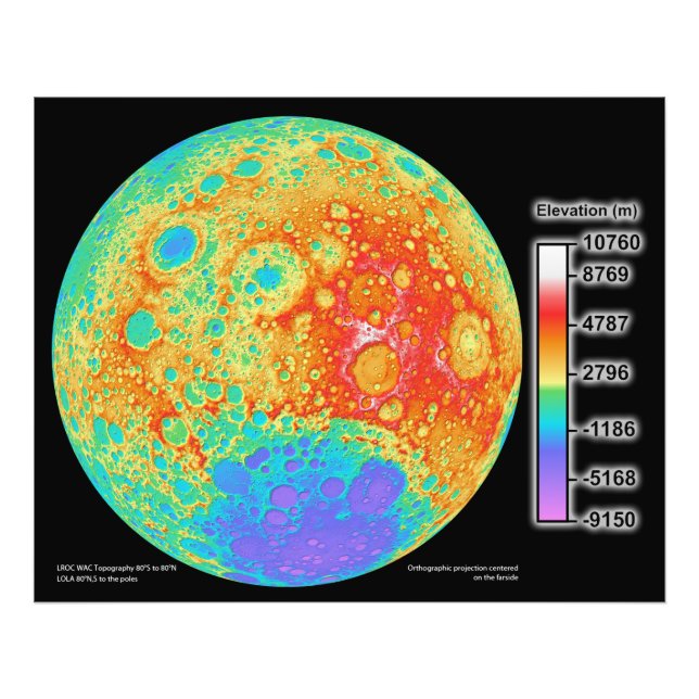 Topografische Farbkarte der Mondoberfläche Fotodruck (Vorne)