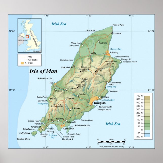 Topografische Karte der Insel Man Poster (Vorne)