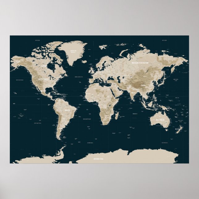 Topografische Karte der Welt in Tan Poster (Vorne)
