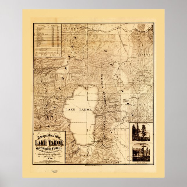 Topografische Karte des Tahoe-Sees (1874) Poster (Vorne)