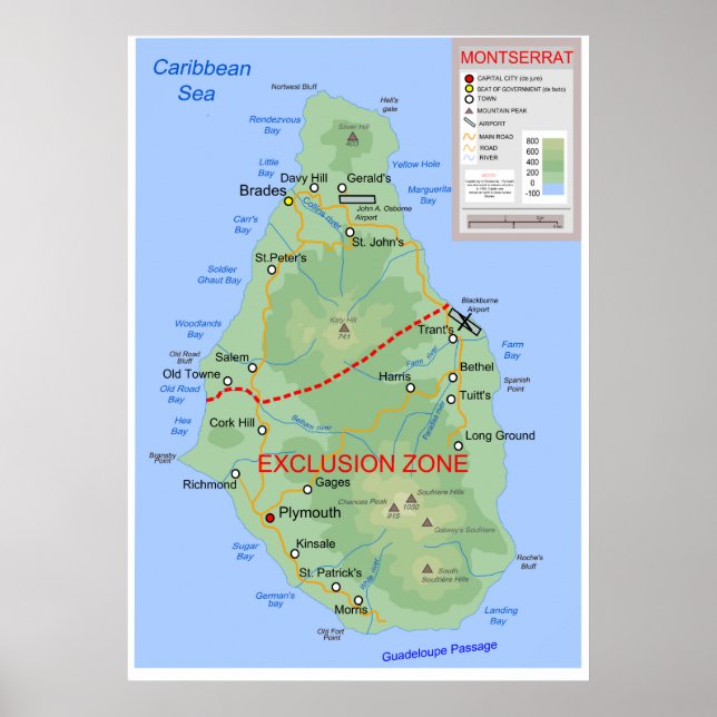Topografische Karte von Montserrat im Karibischen  Poster (Vorne)