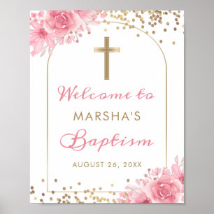 Torbogen Gold Glitter Rosa Floral Taufe Willkommen Poster