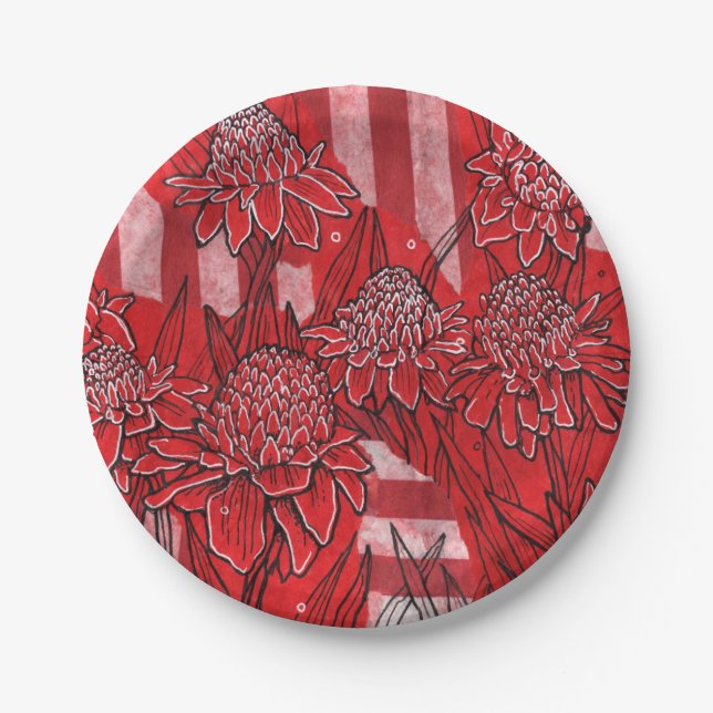 Torch Ginger Lily, Rote Blume Tropische Kunst Pappteller (Vorderseite)