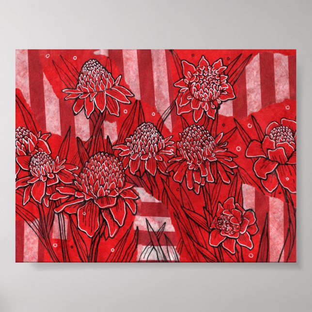 Torch Ginger Lily, Rote Blume Tropische Kunst Poster (Vorne)