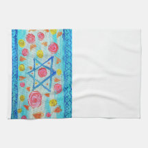 Torchon blanc israélien avec fleurs & coeurs