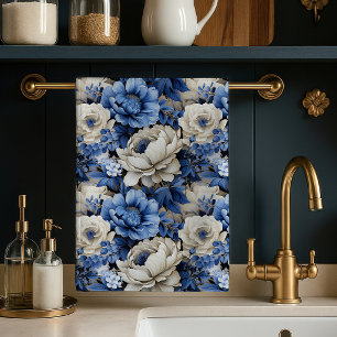 Torchon de cuisine élégant floral ivoire bleu de l