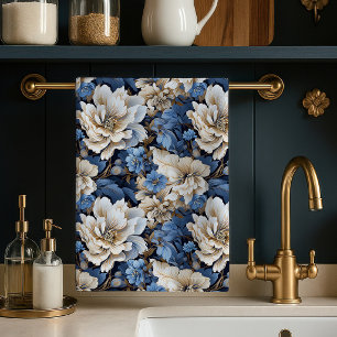 Torchon de cuisine floral bleu blanc ivoire chic c