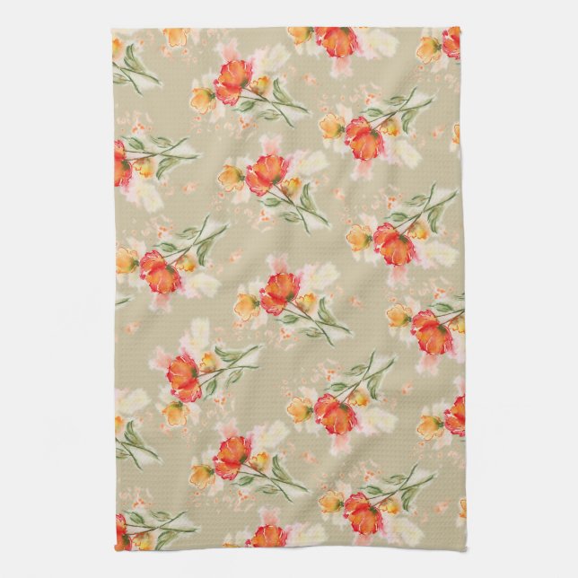 Torchon de thé à fleurs aquarelle orange (Vertical)