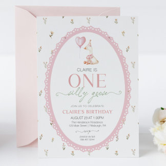 Törichte Gans Pink Florale Erster Geburtstag Einladung