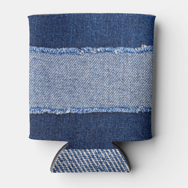 Torn denim: blauer Jeans Stoff. Dosenkühler (Vorderseite)