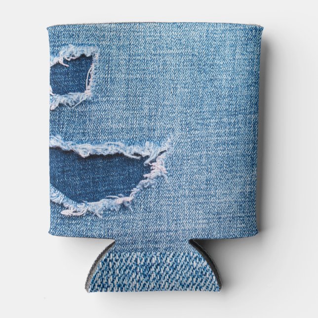 Torn denim Stoff Textur, blaue Farben. Dosenkühler (Vorderseite)