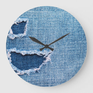 Torn denim Stoff Textur, blaue Farben. Große Wanduhr