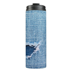 Torn denim Stoff Textur, blaue Farben. Thermosbecher