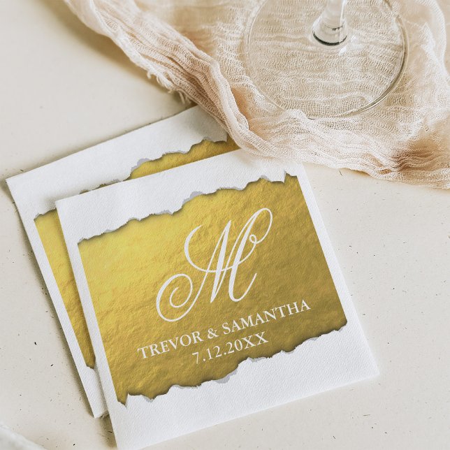 Torn Out Look Imitats Gold Monogram Wedding Serviette (Von Creator hochgeladen)