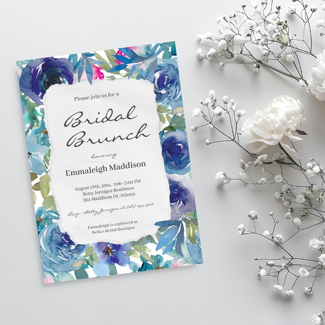Torn Paper Mermaid Blue Floral Bridal Brunch Einladung (Von Creator hochgeladen)