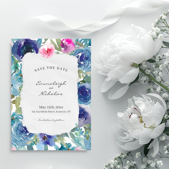 Torn Paper Mermaid Blue Floral Wedding Save The Date (Von Creator hochgeladen)