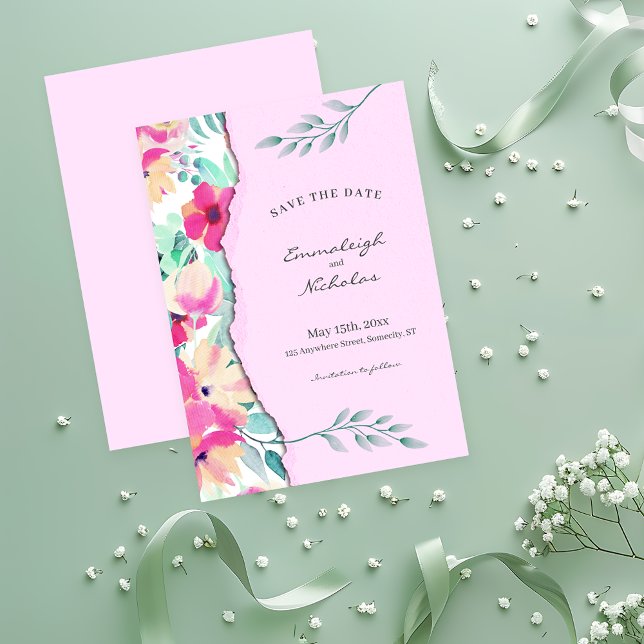 Torn Paper Tropical Floral Pink Hochzeit Save The Date (Von Creator hochgeladen)