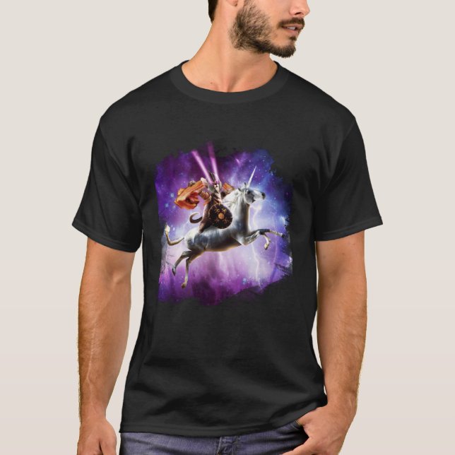 Tornado Cat Riding Unicorn mit Bacon T-Shirt (Vorderseite)