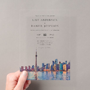 Toronto-Skyline-Aquarell-Hochzeitsdestination Acryleinladungen