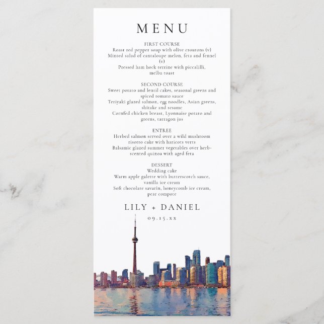 Toronto Skyline Watercolor Destination Wedding Menükarte (Vorderseite)