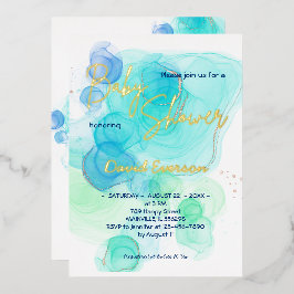 Torquoise & Soft Blue Watercolor - Echtgold Folieneinladung