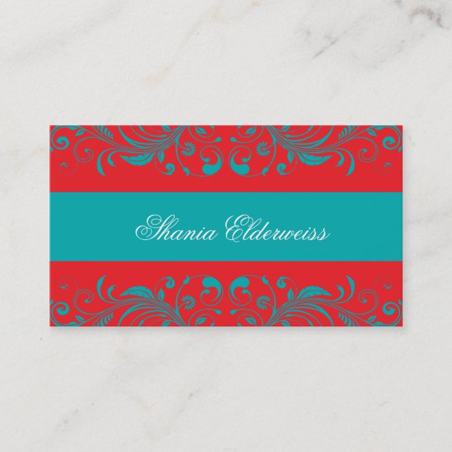 Torquoise & Vermillion Damask Business Card Visitenkarte (Vorderseite)