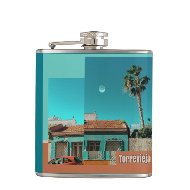 Torrevieja in Orange und Turqoise Flachmann (Vorderseite)