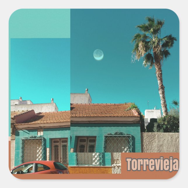 Torrevieja in Orange und Turqoise Quadratischer Aufkleber (Vorderseite)