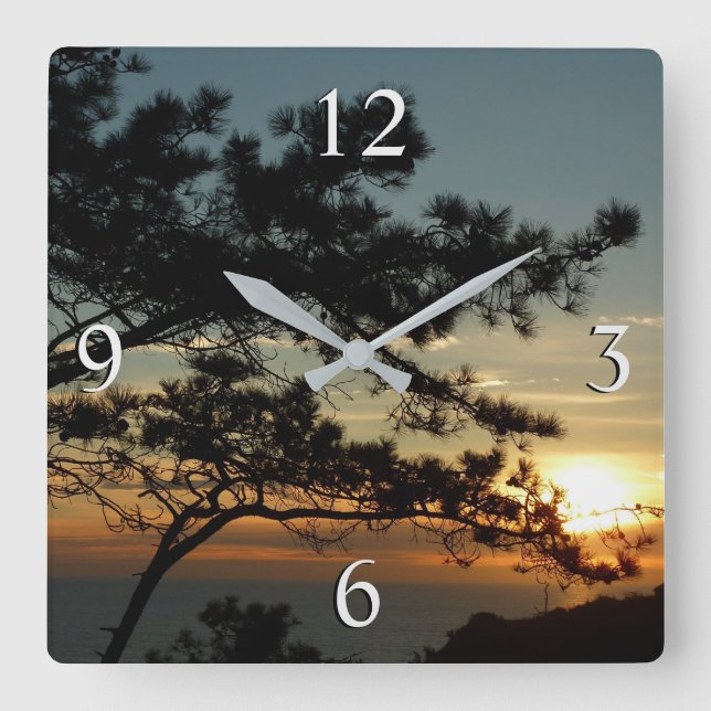 Torrey Pine Sunset I California Landschaft Quadratische Wanduhr (Vorderseite)