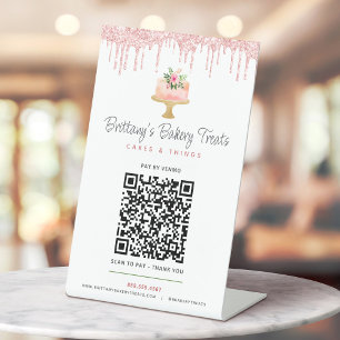 Torte Blush Rosa QR Code Hier Zahlen Bäckerei Glit Sockelschild